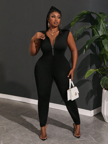 Slayer Plus Casual Basic Summer Outfits Concert Outfits Elastic Knitted Ribbed Black Rhinestone Half Zipper Women Plus Size Jumpsuit-C
