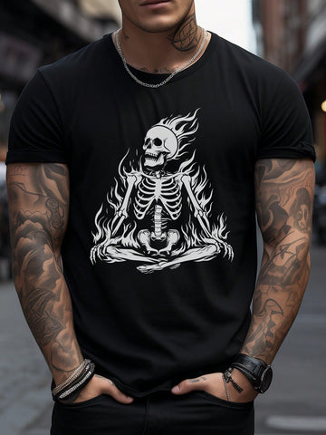 Men Round Neck Skull Print Summer Casual Short Sleeve T-Shirt