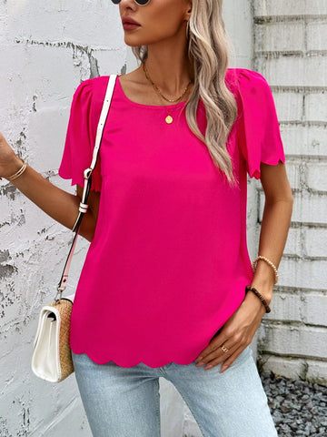 Holiday Casual Solid Color Short-Sleeved Shirt With 3D Scallop Hem And Round Neckline