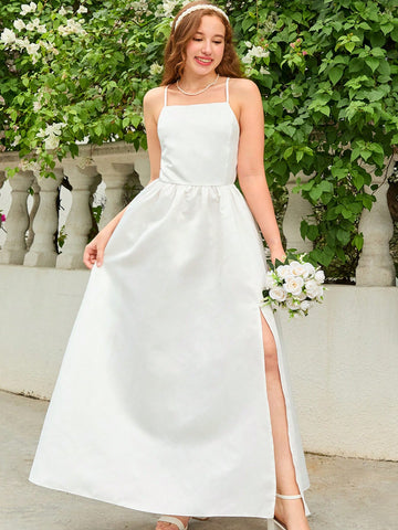 Elegant White Sleeveless Backless High Slit Teenage Party Wedding Dress