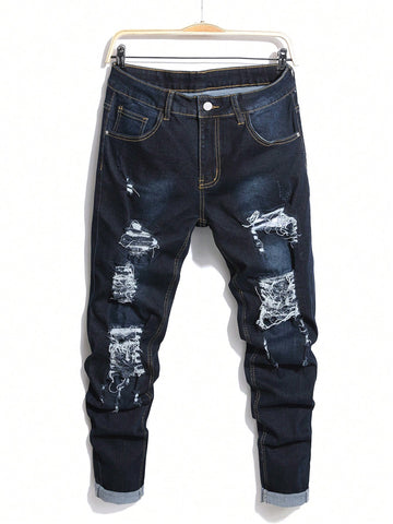 Men Solid Color Distressed Jeans With Pockets And Button Closure