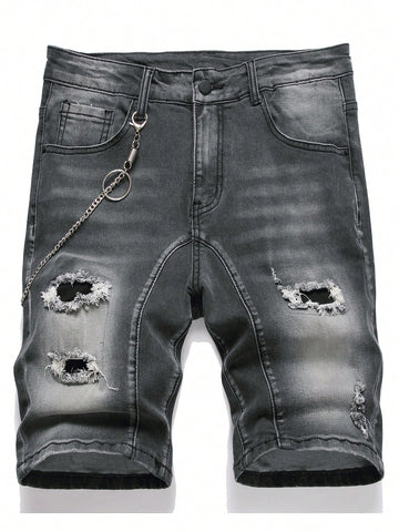 Men Broken Hole Bermuda Denim Shorts With Pockets