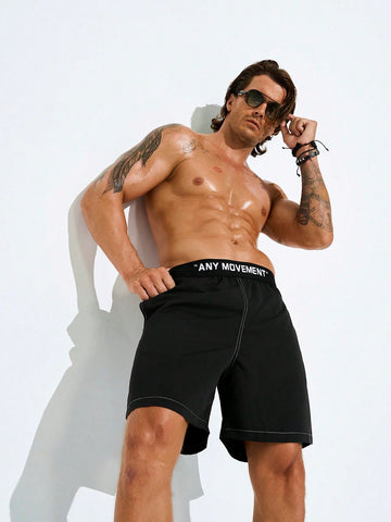 Men Casual Beach Shorts With Letter Print And Drawstring Waistband Pocket