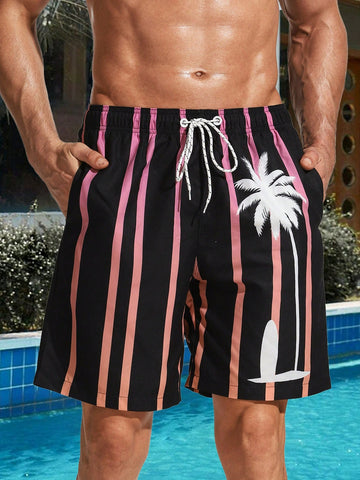 Men Striped Printed Beach Shorts With Drawstring And Pockets