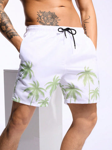 Men Drawstring Waist Palm Tree Printed Casual Loose Beach Shorts