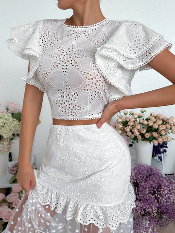Women Summer Embroidery Hollow Out Backless Tie Strap Ruffle Sleeve Shirt