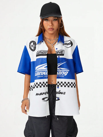 Racing & Motorcycle Printed Open Front Short Sleeve Shirt For Spring And Summer