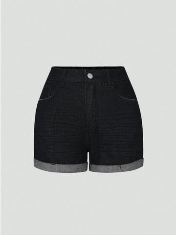 Teen Girls Basic Casual Everyday Black Wash Elastic Waist Roll Up Denim Shorts