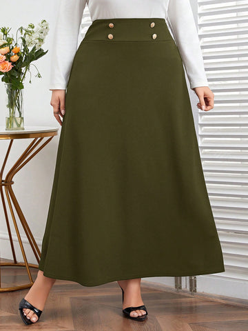 Plus Size Plain Color Elegant Fake Buttons High Waist A Line Skirt, For Spring And Fall