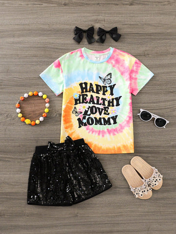 Young Girl Everyday Casual Spring/Summer Knitted Tie-Dye Letter Printed Short Sleeve Top With Beaded Shorts Set