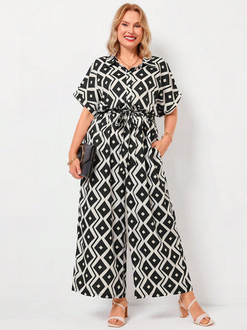 Plus Size Women's Summer Geometric Print Batwing Short Sleeves Black Ripe Elegant Mom Jumpsuit With Pockets, Loose Fit Casual Shirt Overall