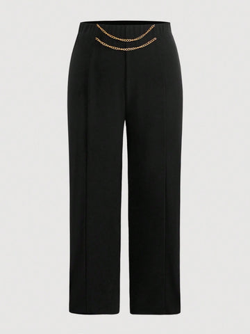 Summer Black Elegant And Delicate High-Waisted Large Size Long Pants With Double-Layered Metal Chain Decoration And Narrow Feet Cut, Suitable For Commuting, Daily Wear, And Shopping.