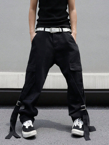 Men Metal Buckle Design Workwear Pockets Casual Straight Jeans