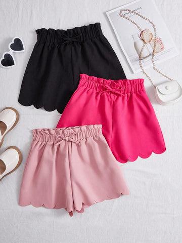 3pcs/Pack Solid Color Casual Shorts With Scallop Hem For Summer