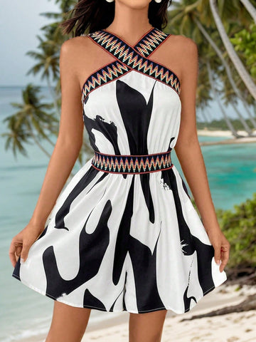 Women's Summer Web Patch Sleeveless Printed Color Block Jumpsuit