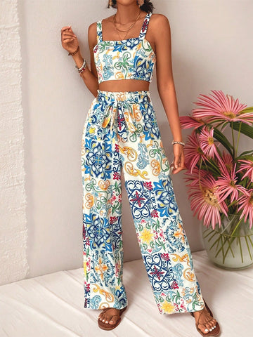 Women Vacation Style Spring/Summer Two-Piece Set With Strap Camisole And Belted Pants