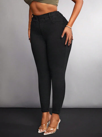 Plus Size Women Elastic Waist Slim Fit Jeans With Pockets For Daily Wear