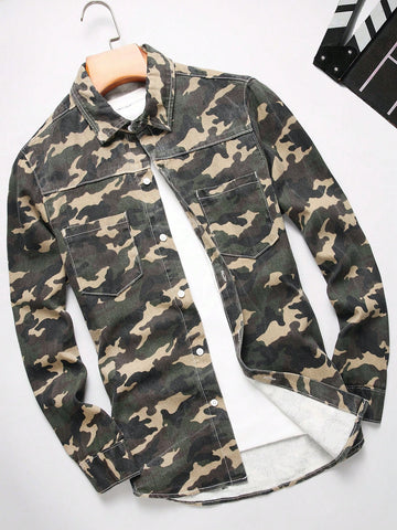 Men Spring And Summer Camouflage Print Long Sleeve Casual Denim Shirt With Pockets