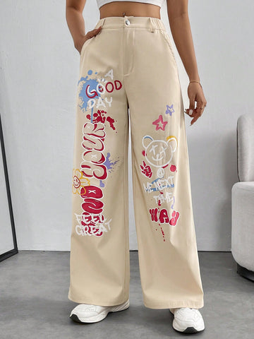 Ladies' Loose Fit Wide Leg Casual Pants With Pockets, Bear And Slogan Printed