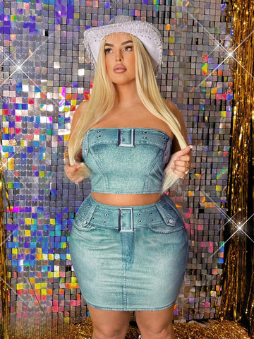 Plus Size Women's Denim-Effect Print Tube Top & Bodycon Skirt 2pcs Set,Suitable For Summer, Date Night,Birthday,Bachelorette Party Outfit ,Casul,Shopping, Streetwear,Going Out,Vacation,Beach,Coquette,Easy To Match&Looks Slim,Flatter The Figure