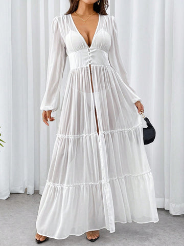 Women Beach Vacation Sheer Long Kimono Cover Up Lantern Sleeve White Chiffon Shawl Collar Button-Front Maxi Dress With Waist Belt