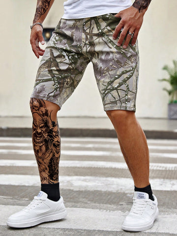 Men Camouflage Bermuda Shorts With Pockets, Casual Denim Shorts