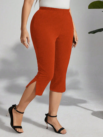 Women Plus Size Solid Color Elastic Waist Side Split Hem Seven-Points Skinny Pants