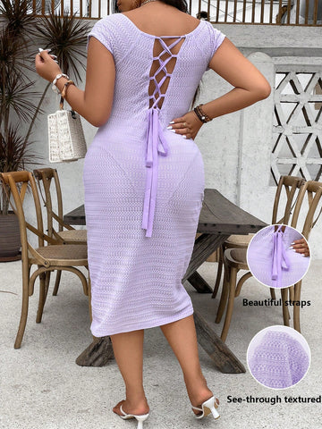 Plus Size Women Summer Back Tie Solid Color Round Neckline Cap Sleeve Bodycon Elegant Dress