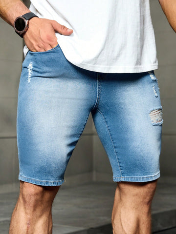 Men Light Blue Distressed Skinny Denim Shorts