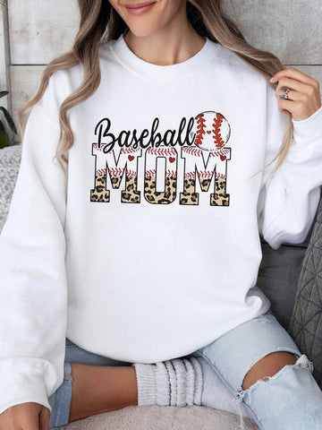 Women Round Neck Baseball Style Print Letter Plus Size Sweatshirt