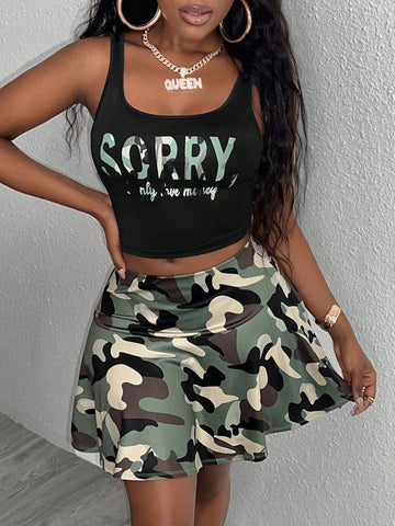 Casual U Collar Green Letter Print Vest And Camouflage Mini A-Hem Skirt Women's Two-Piece Set