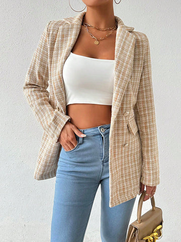 Spring And Autumn Casual Plaid Double-Breasted Woolen Suit Jacket