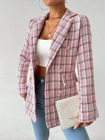 Spring And Autumn Casual Plaid Notched Collar Double-Breasted Woolen Suit Jacket