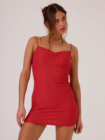 Summer Ribbed Ruched Bust Cami Bodycon Mini Dress