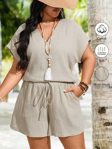 Plus Size Summer Solid Color Texture Fabric V-Neck Shirt With Shorts Short Sets