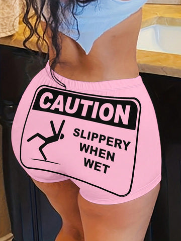 Casual, Simple And Fun Caution Wet Women's Printed Leggings Shorts