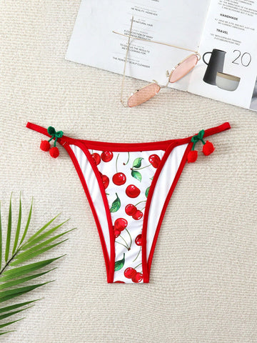 Women Cherry Print Bikini Thong Swimsuit Bottom For Vacation