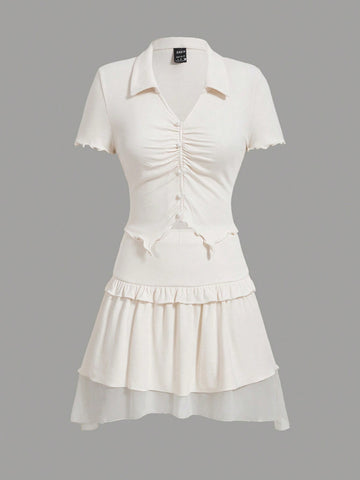 Lapel Short Sleeve Dress With Pleated Design And Irregular Hem, High Waist Lotus Leaf Splicing Mesh Skirt, 2 Pieces Set