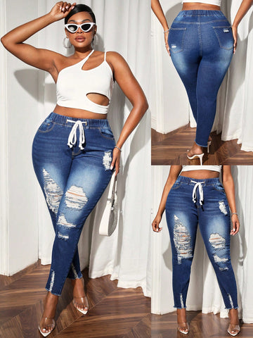Plus Size High Elasticity Ripped Jeans With Elastic Drawstring Cuffs