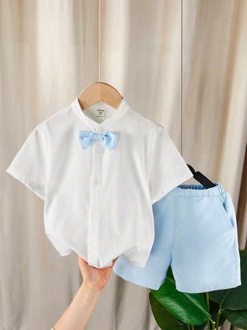 Young Boy Uniform Academy Wedding Style Short Stand Collar Shirt And Shorts Gentlemen Suit 2pcs/Set