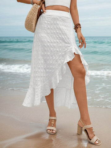 Women Solid Color Vacation Ruffle Hem Asymmetrical Skirt, Summer Long White Skirt, Summer Essentials