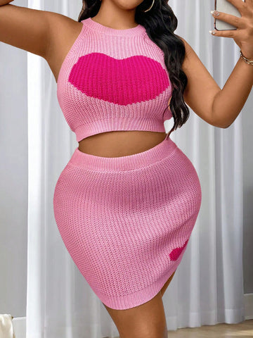 Plus Size Ladies" Fashionable Heart Print Halter Sweater Skirt Set