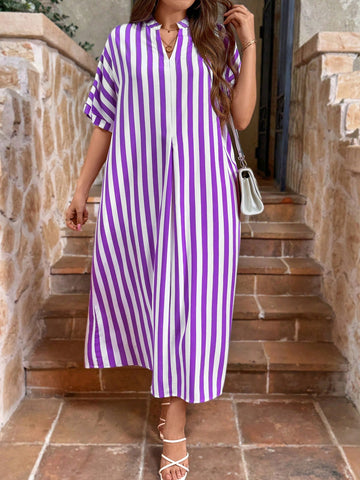 Plus Size Women Summer Striped Loose Casual Dress With Notch V-Neck And Batwing Sleeves