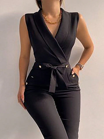 Women Casual Solid Color Sleeveless Jumpsuit With Shawl Collar, Waist Tie For Office Or Summer Outfits