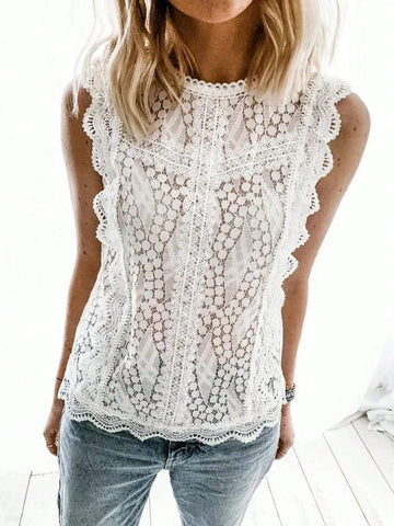 Women Summer Lace Hollow Out Sleeveless Simple And Elegant Shirt