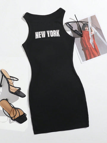 Women's Fashion Casual Commuting Slim Fit Letter Print Sleeveless Dress