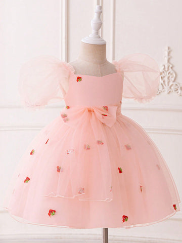 Baby Girl Cute Mesh Strawberry Embroidered Puff Sleeve Waist Belt Party Dress