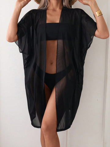 Black Sheer Mesh Kimono Cover Up With Batwing Sleeves