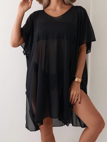 Women Round Neck Batwing Sleeve Casual Sheer Mesh Cover Up For Spring/Summer (Black)