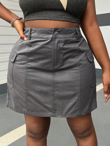 Plus Size Women's Grey Woven Utility A-Line Skirt